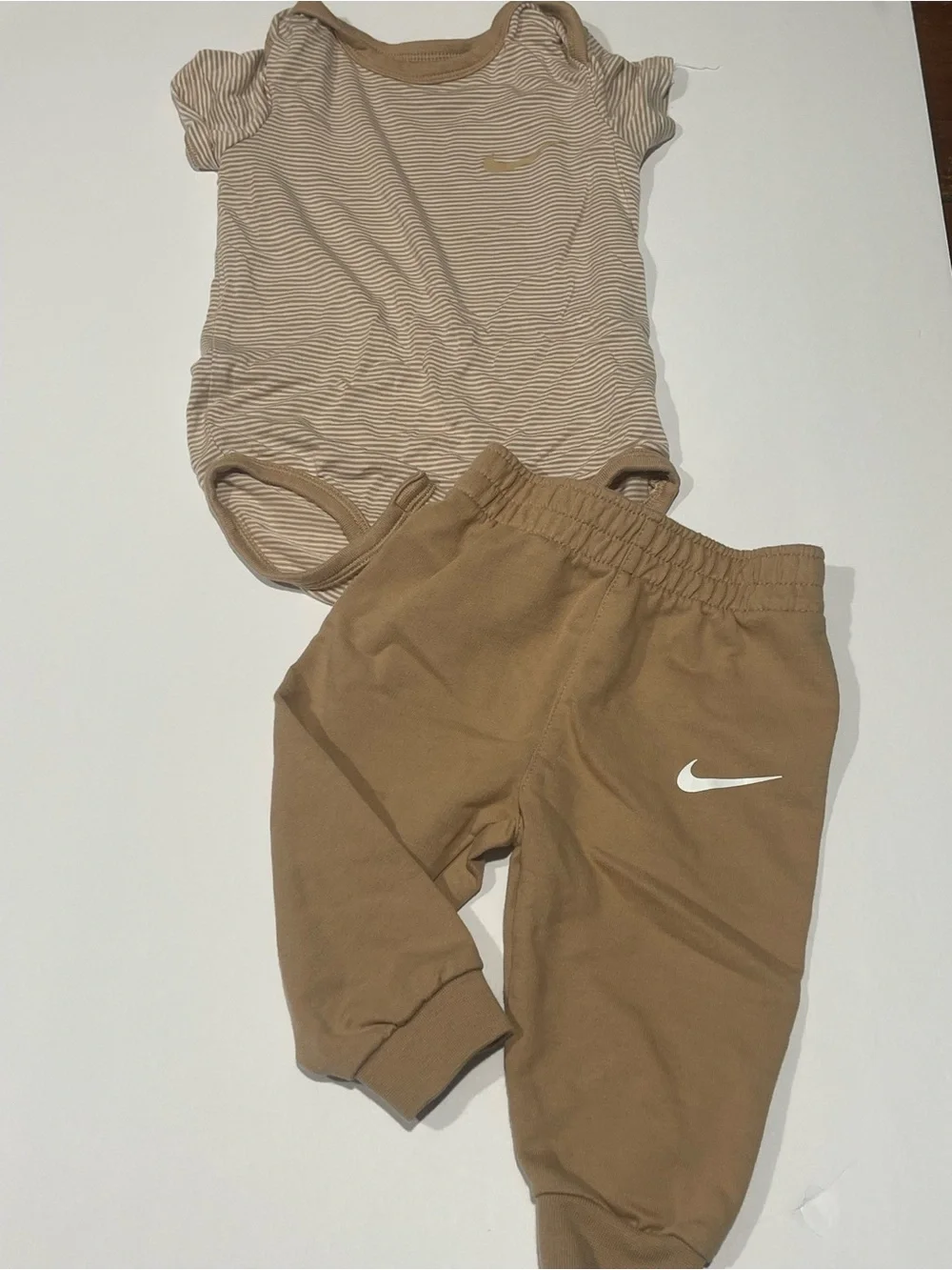 Nike outfit 6m baby Tan Brown Jogger Pants White Swoosh boy girl generic neutral